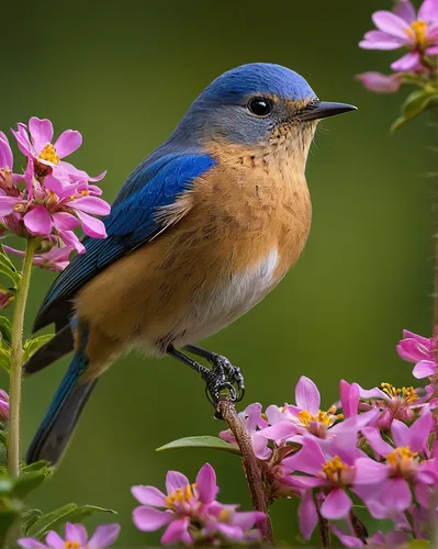 Imagine a curious female eastern blue bird exploring a vibrant garden filled with blooming flowers.,eastern bluebird,western bluebird,tickell's blue flycatcher,male bluebird,blue birds and blossom,blu