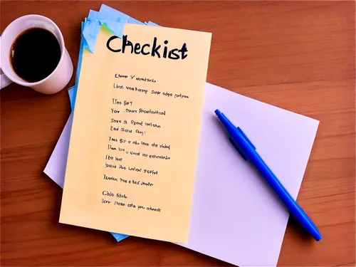 Checklist, to-do list, paper sheet, yellow highlighter, blue pen, scribbled notes, crumpled corner, coffee stain, wooden desk, morning sunlight, shallow depth of field, warm color tone, 3/4 compositio