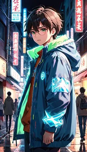 A cool looking anime man walking on night street wearing glass and oversized jacket, luminous glowing lighting adds a stunning lighting to the scene,  highly detailed, ultra-fine detailed, highly rend