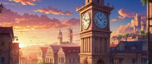 violet evergarden,clock tower,grandfather clock,clock,world clock,street clock,clockmaker,old clock,clock face,tower clock,clocks,time pointing,fantasy city,cityscape,hanging clock,evening city,flow of time,daybreak,dusk background,big ben,Illustration,Japanese style,Japanese Style 03