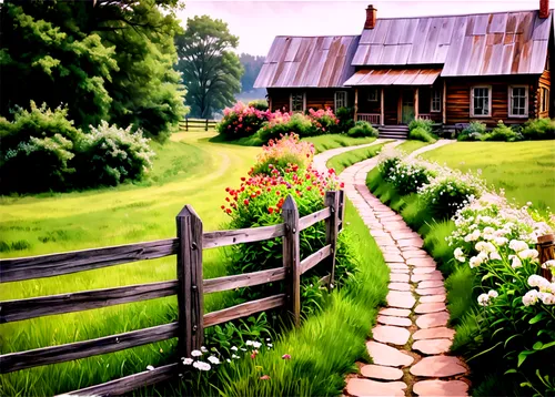 country cottage,home landscape,cottage garden,white picket fence,farm landscape,cottages,summer cottage,cottage,homeplace,farmstead,farmhouse,pasture fence,red barn,country side,farmhouses,rural landscape,meadow in pastel,homesteader,country house,bucolic,Conceptual Art,Oil color,Oil Color 24