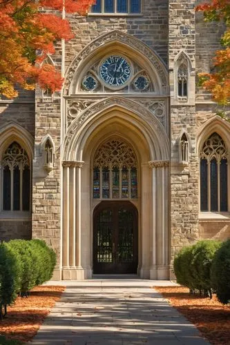 American university architecture, grand entrance, stone columns, red brick walls, green lawn, autumn trees, sunny afternoon, warm light, Ivy League style, Gothic Revival details, intricate carvings, s