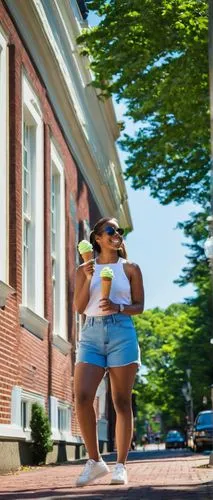 Sunny day, Philadelphia cityscape, blue sky with few white clouds, warm light casting long shadows, a young girl, casual outfit, bright smile, sunglasses, ponytail hair, standing, leaning against a st