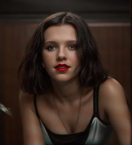 a portrait half body of a beautiful Millie Bobby Brown 22 years old black hair red lips wearing a black top stand up in a pool of a  hotel as background in 4k,red lips,red lipstick,retro woman,daisy j