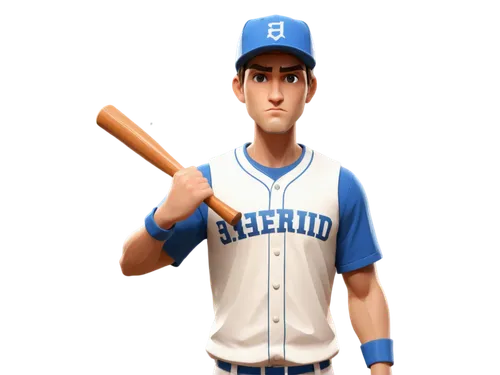 Baseball player, male, athletic build, determined facial expression, sweat dripping from forehead, baseball cap, messy brown hair, strong jawline, white jersey, blue sleeves, baseball bat resting on s