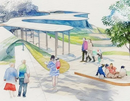 school design,amphitheater,equestrian center,olympia ski stadium,underpass,river of life project,transport hub,dolphinarium,public art,renovation,maglev,ski facility,monorail,skating rink,kindergarten,museum train,subway station,archidaily,pavilion,train platform,Landscape,Landscape design,Landscape Plan,Watercolor