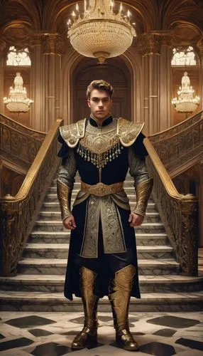 Majestic king, crown, regal attire, metallic armor, golden accents, powerful muscles, strong facial features, authoritative posture, standing, grand staircase, luxurious palace interior, ornate chande