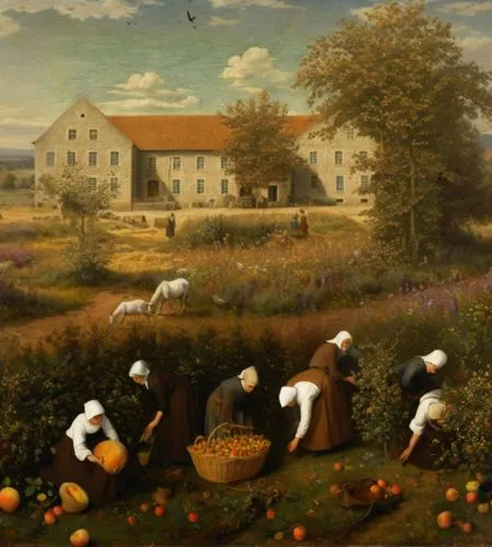 (view from above as in the paintings of Pieter Bruegel, small figures of Catholic nuns in Breton bonnets and kerchiefs, light brown robes and dark brown dresses are picking apples, nearby are small gr