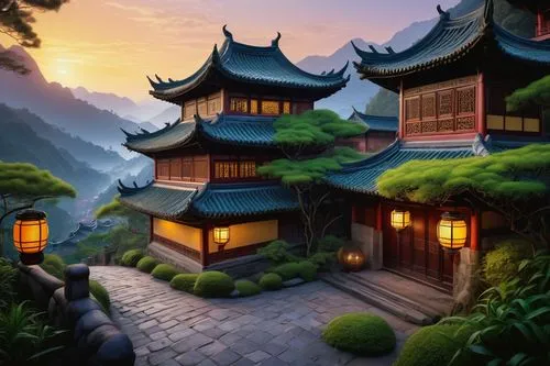 teahouse,teahouses,asian architecture,lanterns,world digital painting,roof landscape,oriental,dojo,fantasy landscape,shaoming,qingcheng,ancient house,tigers nest,wudang,japan landscape,wooden houses,home landscape,chuseok,wuyuan,landscape background,Illustration,Vector,Vector 09