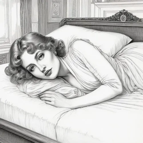 woman on bed,girl in bed,vintage drawing,vintage illustration,pencil drawings,the sleeping rose,the girl in nightie,mary pickford - female,art deco woman,nightgown,woman laying down,bed,sleeping rose,depressed woman,bed linen,bedtime,sheets,book illustration,insomnia,tiredness,Illustration,Black and White,Black and White 28