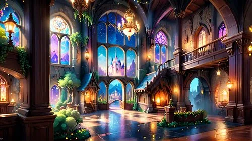 a building with multiple windows and a balcony at night,3d fantasy,stained glass windows,cartoon video game background,cathedral,hall of the fallen,church painting,Anime,Anime,Cartoon