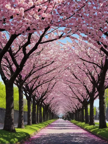 Write a romantic scene set in a cherry blossom tree-lined avenue during spring.,japanese cherry trees,cherry blossom tree-lined avenue,sakura trees,cherry trees,japanese sakura background,takato cherr