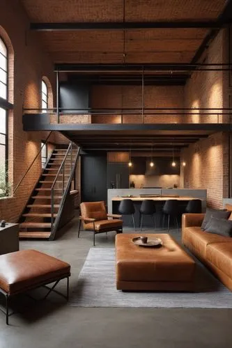 Create a series of hyper-realistic images showcasing an industrial-style interior design. The scene should prominently feature raw materials such as steel, iron, concrete, untreated wood, and exposed 