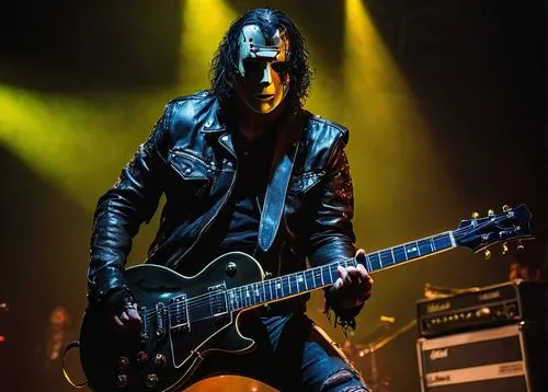 Jason Voorhees, guitarist, muscular man, metalhead, aggressive facial expression, messy black hair, black leather jacket, ripped jeans, heavy boots, holding electric guitar, playing live on stage, spo