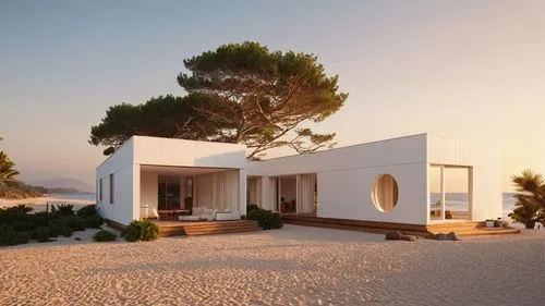 BEACH HOUSE , WHITE WOOD WALLS, SUNSET
,the house is built on top of sand in the sunset,dunes house,holiday home,holiday villa,beach house,summer house,cubic house,Photography,General,Realistic