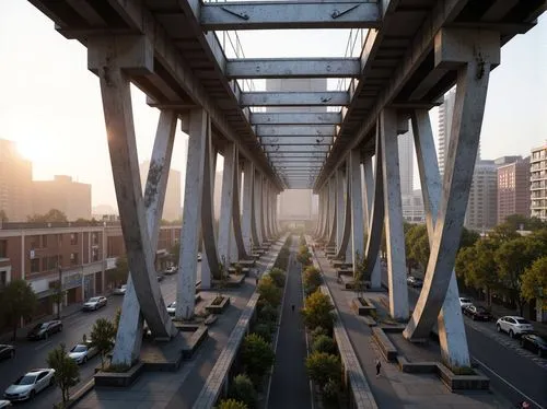 Vehicular bridge, steel arches, suspension cables, reinforced concrete piers, cantilevered roadways, diagonal bracing, riveted connections, high-strength bolts, galvanized coatings, weathered steel te