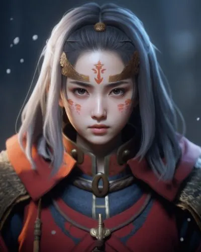 a woman in a red outfit has her hair pulled up and an orange face paint on,liora,surana,nitaya,longmei,eiko,arundhati,binodini,valiya,sainthia,korana,amrita,dianbai,jaya,amidala,khatuna,azula,mandodar