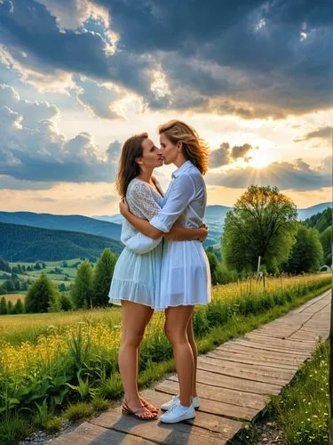 romantic scene,hochzeit,wlw,loving couple sunrise,young couple,girl and boy outdoor,Photography,General,Realistic