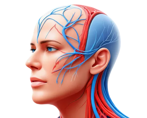 Facial nerve system, detailed illustration, 3D visualization, colorful anatomy, transparent skin, visible muscle fibers, intricate network of nerves, blue and red colors, soft glowing effect, close-up