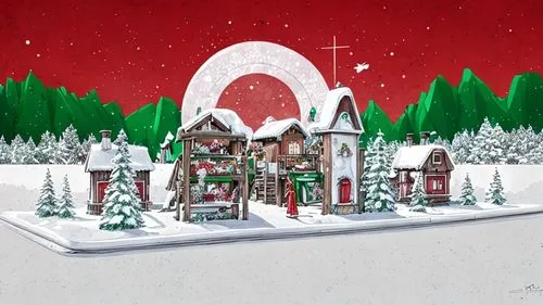 Background total white. A tipical Santa Claus village with green, red, white colors. including Santa's throne, sleigh and reindeer.,christmas town,christmas snowy background,north pole,watercolor chri