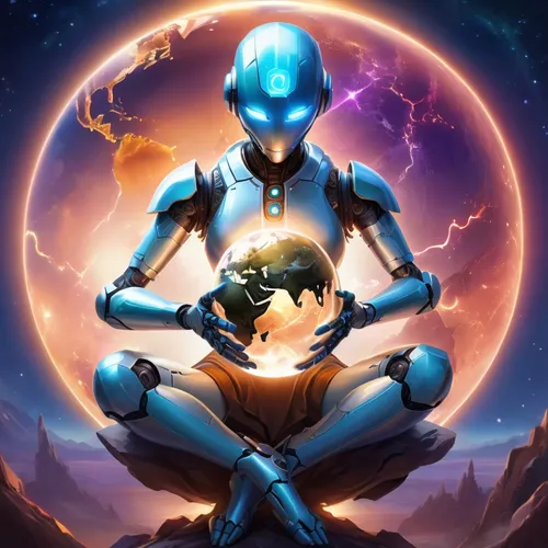 a robotic android sitting cross legged and holding a luminois earth globe,zenyatta,vamana,meditrust,robotboy,astral traveler,surya namaste