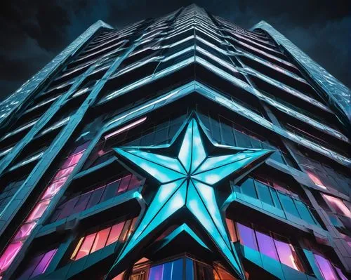 Futuristic skyscraper, five-pointed star shape, metallic silver exterior, reflective glass windows, curved lines, modern LED lighting, neon lights at night, urban cityscape, downtown area, busy street