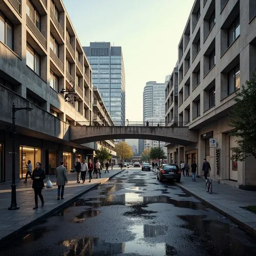 Urban cityscape, brutalist concrete bridges, geometric shapes, bold primary colors, functionalist architecture, industrial materials, exposed ductwork, minimalist ornamentation, cantilevered walkways,