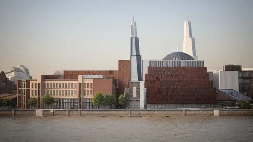 Brown Brick and white render modern buildings,hafencity,düsseldorf,the east bank from the west bank,elbphilharmonie,al nahyan grand mosque,lotte world tower,shard,alabaster mosque,rotterdam,islamic ar