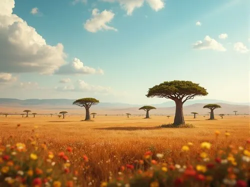 Savannah landscape, warm sunny day, vast open plains, acacia trees scattered, few baobab trees standing tall, gentle rolling hills, wild grasslands, colorful exotic flowers blooming, regionalism style