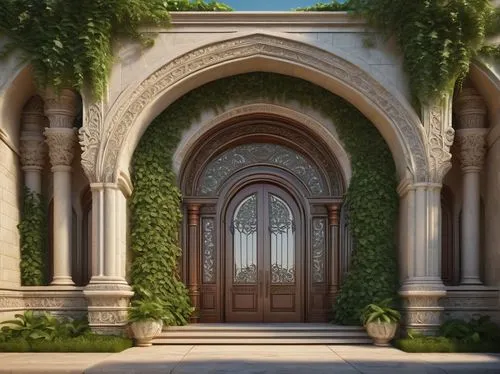 Majestic building facade, architectural stone veneer, light beige color, detailed texture, intricate patterns, ornate carvings, grand entrance, massive pillars, sweeping arches, lush green vines crawl