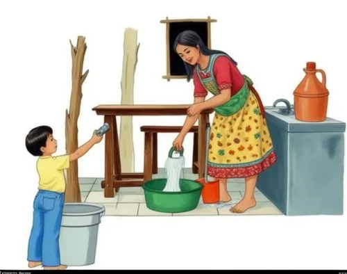 an image of a woman and child that are cleaning a pot,abhiyan,handwashing,hand washing,fetching water,ujala,dhobi