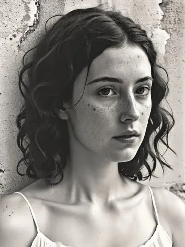 The same scene as a black and white photo. However, the freckles should be visible.,a woman with freckles standing against a wall,hande,beren,elif,fantine,meretz,girl portrait,Photography,Black and wh