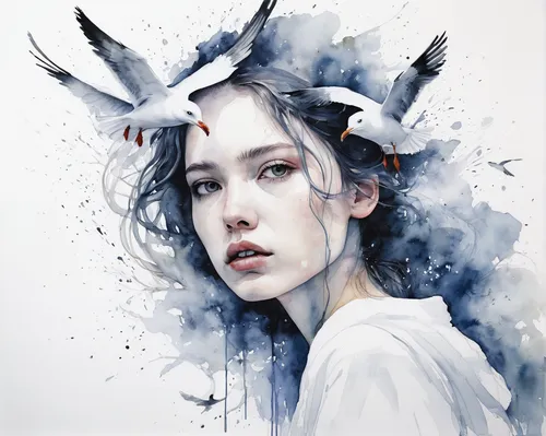 mystical portrait of a girl,han thom,white dove,fantasy portrait,unicorn art,white bird,janome chow,blue birds and blossom,watercolor blue,white swan,cranes,blue bird,kahila garland-lily,mina bird,fantasy art,white butterfly,white pigeon,faery,chinese art,white lady,Illustration,Paper based,Paper Based 20