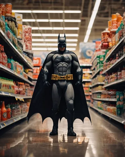 The batman looking angry standing in the middle of the soda section of a walmart with a bat in his hand. he is destroying the aisles with the bat. there is a large puddle of soda and bottles on the fl