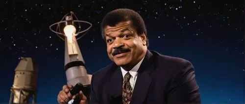 Neil deGrasse Tyson, astrophysicist, scientist, middle-aged man, short Afro hair, mustache, glasses, suit and tie, holding a globe, standing in front of a large telescope, observatory setting, night s