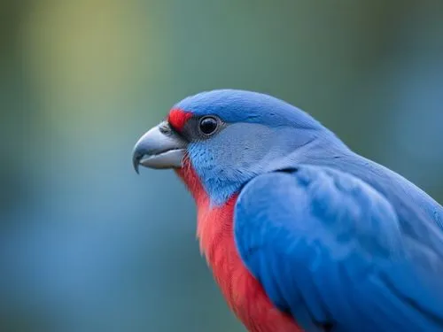 a red and blue bird with black head and beak,blue parrot,rosella,crimson rosella,parrotfinch,blue parakeet,red pompadour cotinga