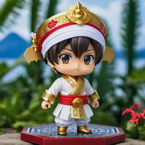 “Create a 3D image of a male nendoroid figure with the following details: 3D printed clothes as accessories, using Thermoplastic Polyurethane (TPU) Fabric material. The shirt has 3 circular buttons ma