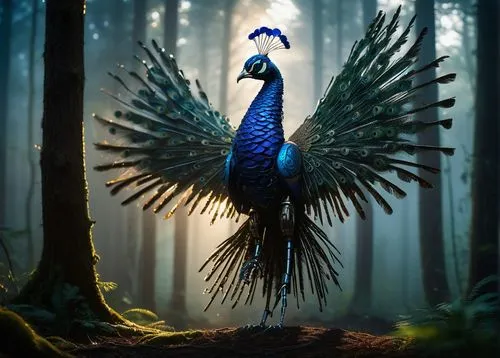 Transformers, robotic animals, peacock, vibrant plumage, metallic feathers, glowing blue optics, sharp talons, intricate circuitry patterns, majestic pose, standing, forest, misty atmosphere, morning 