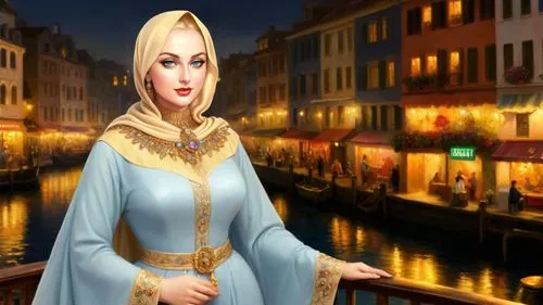 Romantic masterpiece oil painting, beautiful curvy woman portrait, tight abaya dress, nostalgic 1950's style kitsch, breathtaking beautiful epic vast landscape, majestic scenery, harbor marketplace, h