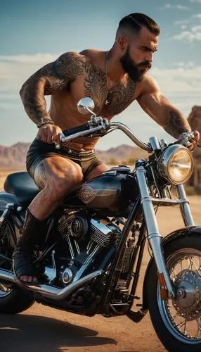 A man god of war style powerful muscles with tattoed body wearing a swim suit is driving a classic harley davidson motorcyle, in the style of intense chiaroscuro portraits, luxurious interiors, polish