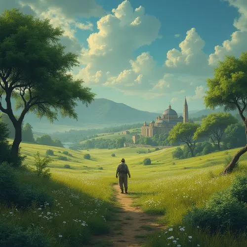 landscape background,fantasy landscape,hyrule,fantasy picture,meadow landscape,rural landscape