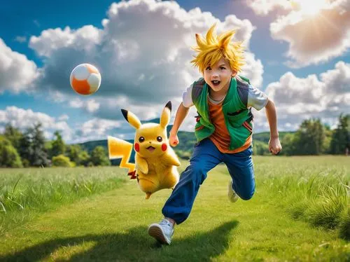 pokemon go,pokemon,pokémon,dragonball,cosplay image,run,dragon ball,playmat,pokemongo,dragon ball z,golden sun,son goku,goku,digital compositing,pikachu,playing outdoors,photoshop manipulation,flying dandelions,children's background,catch,Art,Classical Oil Painting,Classical Oil Painting 10