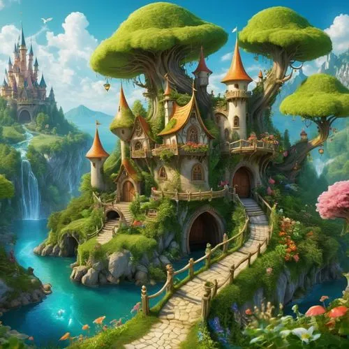 fairy world,fairy village,fairy tale castle,fairyland,fantasy world,fantasy landscape,cartoon video game background,fairytale castle,fantasyland,fantasy city,rivendell,neverland,fairy tale,alfheim,fantasy picture,3d fantasy,faires,fairy house,fairy forest,bird kingdom,Illustration,Realistic Fantasy,Realistic Fantasy 02