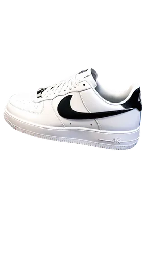 Air Force 1 shoes, white sneakers, black swoosh logo, silver lace tips, rubber outsole, detailed stitching, low-top design, soft leather material, slight crease on toe box, subtle shadow under laces, 