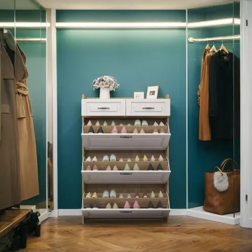 入户门口旁，换鞋凳旁,a closet with shoe shelving next to clothes and handbags,shoe cabinet,walk-in closet,mudroom,women's closet,closets,boutique