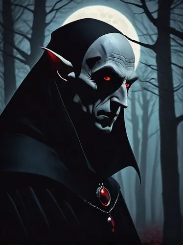 Cartoon Nosferatu, male, vampire, pale skin, sharp fangs, pointy ears, red eyes, black cape, Gothic clothes, mysterious atmosphere, dark forest, full moon, misty night, eerie lighting, cinematic compo