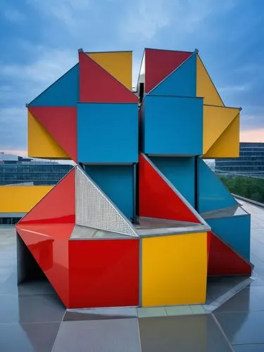 commercial building, places a person with normal scale,colorfully painted building sitting on a tile floor,cubic house,cube stilt houses,rubics cube,cube house,hejduk,rubik's cube,Photography,General,