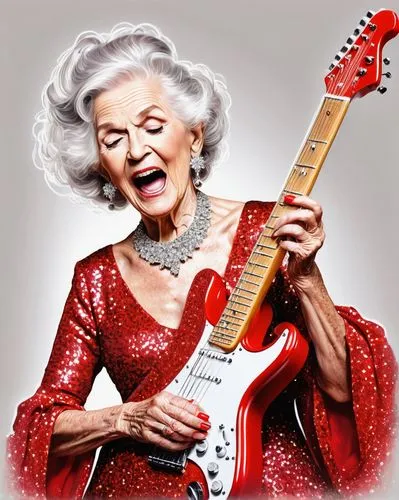 lady rocks,electric guitar,supercentenarian,grandmama,supercentenarians,stratocaster,Illustration,Paper based,Paper Based 14