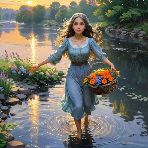 girl on the river,kupala,girl in flowers,girl picking flowers,fantasy picture,the blonde in the river,Art,Classical Oil Painting,Classical Oil Painting 15