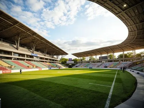 Organic sports stadium, undulating grassy hills, flowing white tracks, curvaceous spectator seats, dynamic floodlights, sleek metallic fences, vibrant colorful signage, natural stone accents, modernis